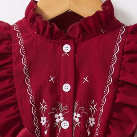 Girls Maroon Floral Print Long Sleeve Fit & Flare Dress Casual Dresses