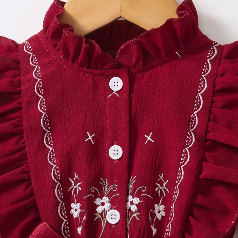 Girls Maroon Floral Print Long Sleeve Fit & Flare Dress Casual Dresses