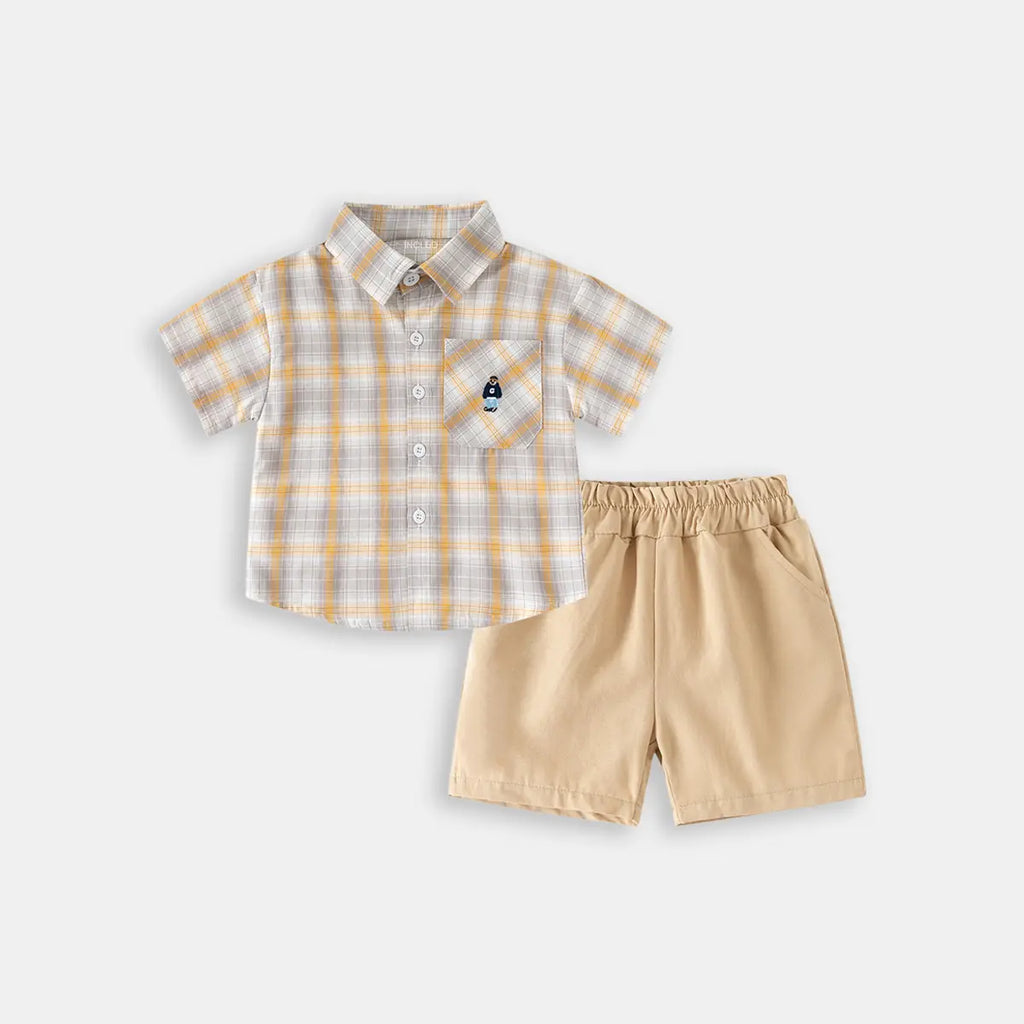 Boys Khaki Checked Short Sleeves Shirt With Shorts Sets Sets
