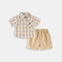 Boys Khaki Checked Short Sleeves Shirt With Shorts Sets Sets