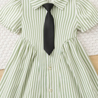 Girls Green Stripes Button-Down A-line Dress With Short Sleeves Casual Dresses