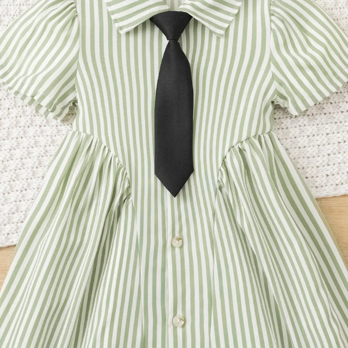 Girls Green Stripes Button-Down A-line Dress With Short Sleeves Casual Dresses