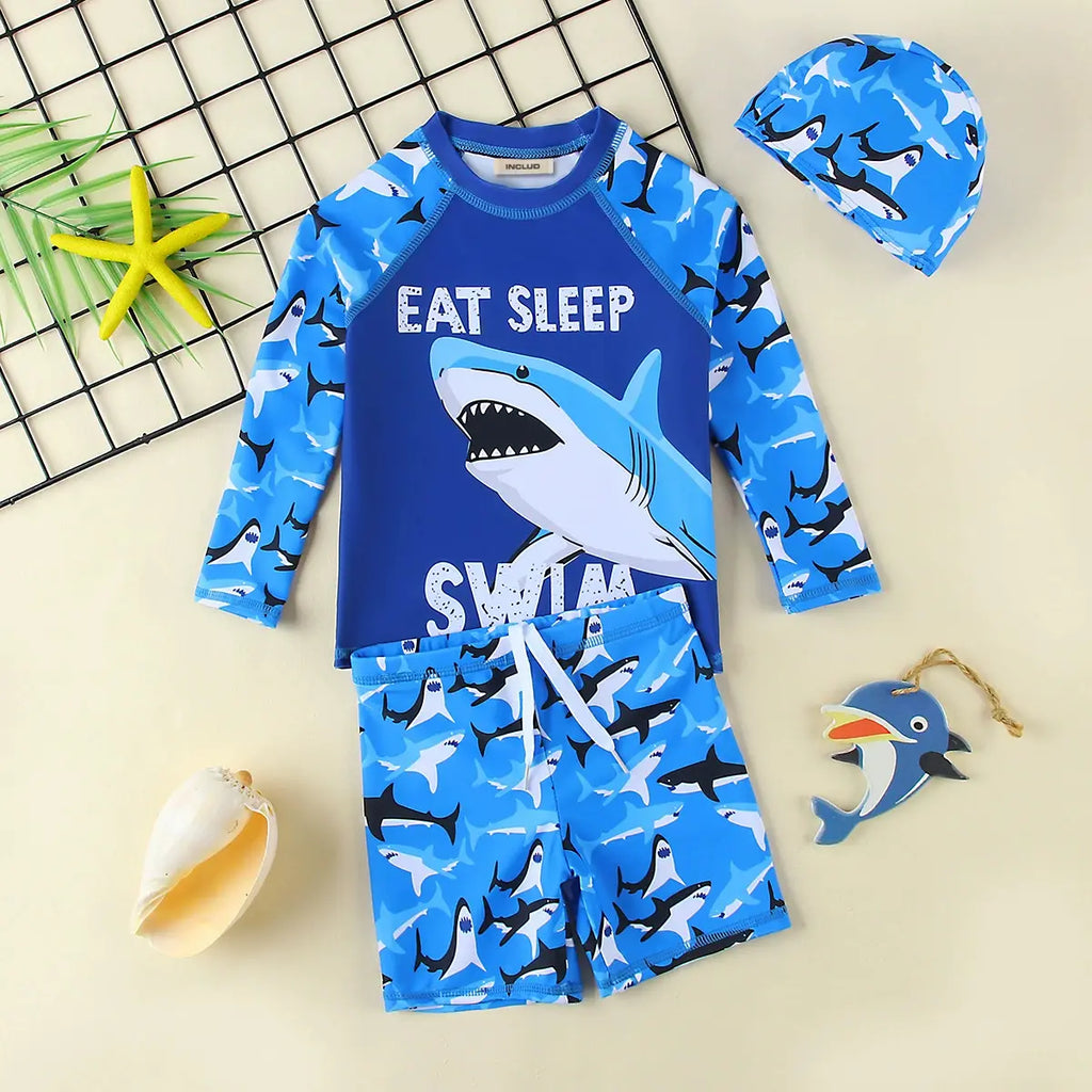 Boys Blue Shark Printed Long Sleeves T-Shirt & Shorts With Cap Swimsuit Sets Sets Blue 3-4 Y