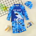 Boys Blue Shark Printed Long Sleeves T-Shirt & Shorts With Cap Swimsuit Sets Sets Blue 3-4 Y