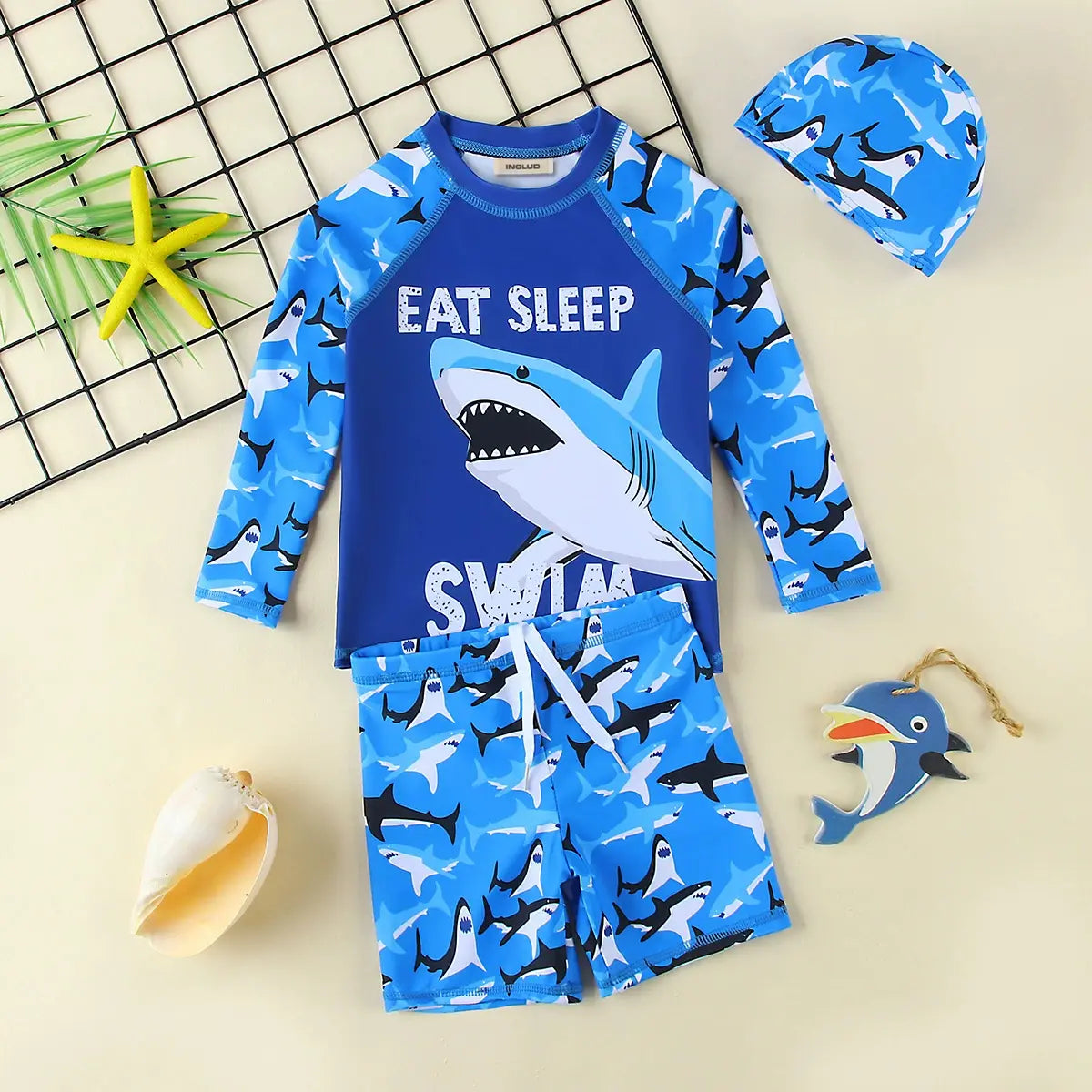 Boys Blue Shark Printed Long Sleeves T-Shirt & Shorts With Cap Swimsuit Sets Sets Blue 3-4 Y