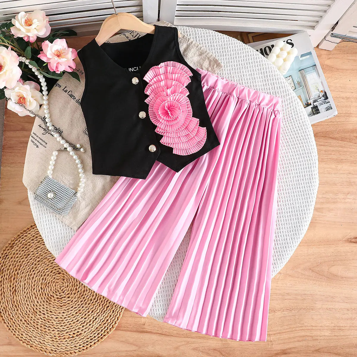 Girls Pink Applique Embroidered Top With Pleated Pants Sets Sets Pink 3-4 Y