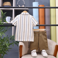 Boys Brown Striped Short Sleeves Shirt With Graphic T-Shirt And Shorts Sets Sets