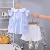 Girls Light Blue Flower Applique Top With Shorts Sets 2 pc. Sets