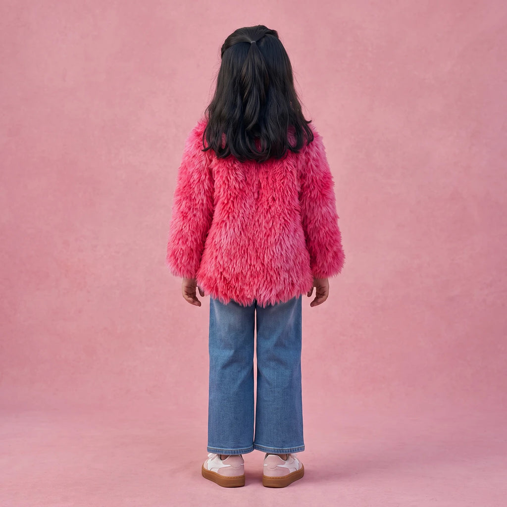 Girls Pink Solid Faux Fur Jacket Coats & Jackets