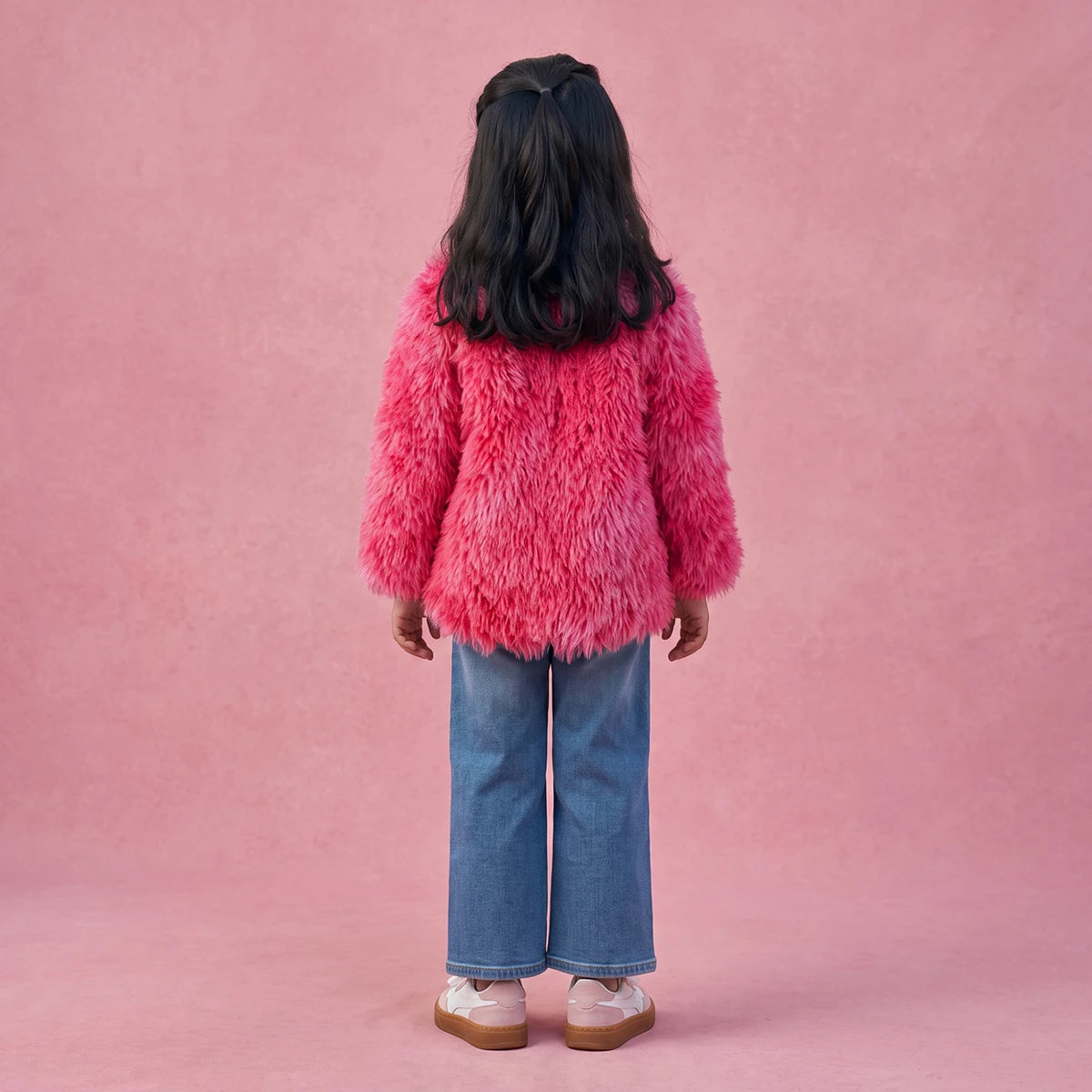 Girls Pink Solid Faux Fur Jacket Coats & Jackets