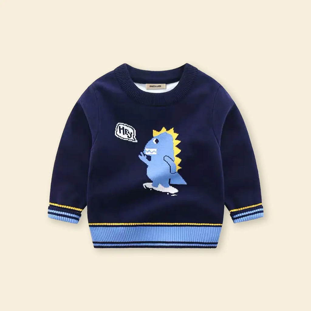 Boys Navy Blue Self-Design Dinosaur Pattern Knitted Sweater Sweaters & Cardigans
