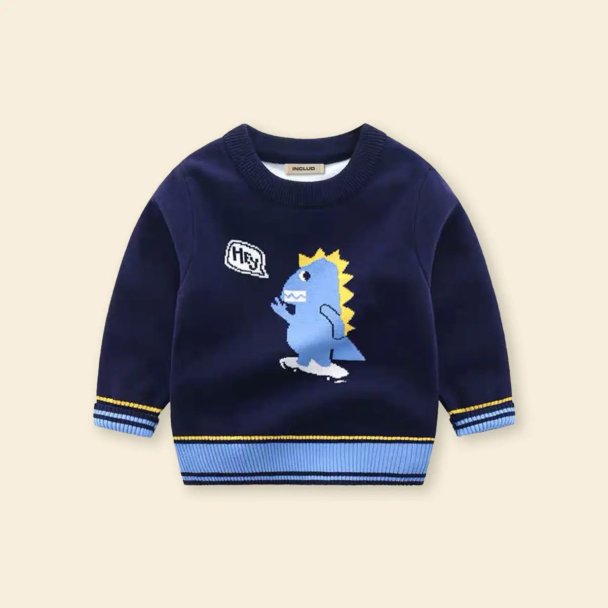 Boys Navy Blue Self-Design Dinosaur Pattern Knitted Sweater Sweaters & Cardigans