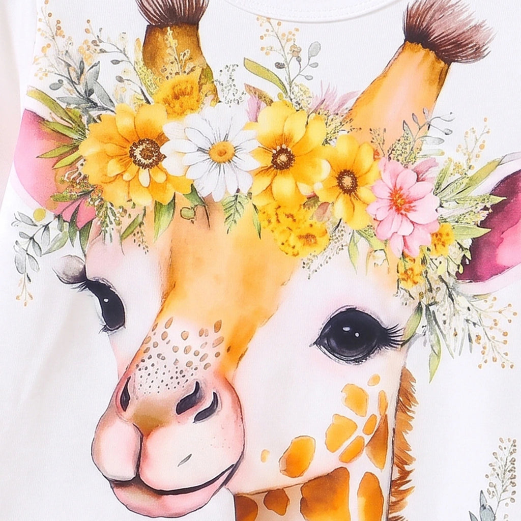 Girls White Giraffe Print T-Shirt With Flared Pants Sets 2 pc. Sets