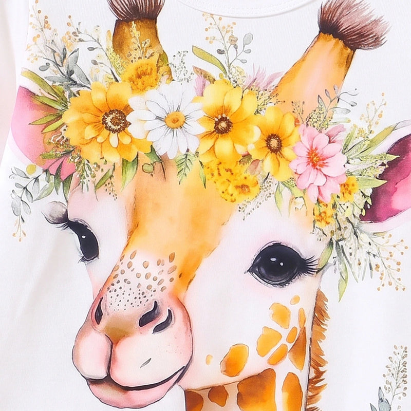 Girls White Giraffe Print T-Shirt With Flared Pants Sets 2 pc. Sets