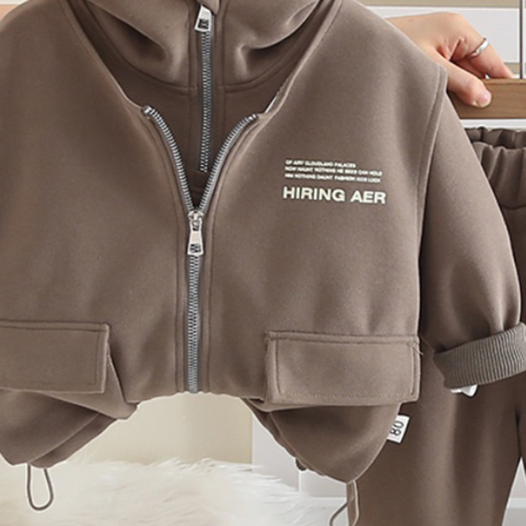 Boys Dark Brown Typographic Printed Hooded Sweatshirt With Sleeveless Jacket and Pants Set 3 pc. Sets