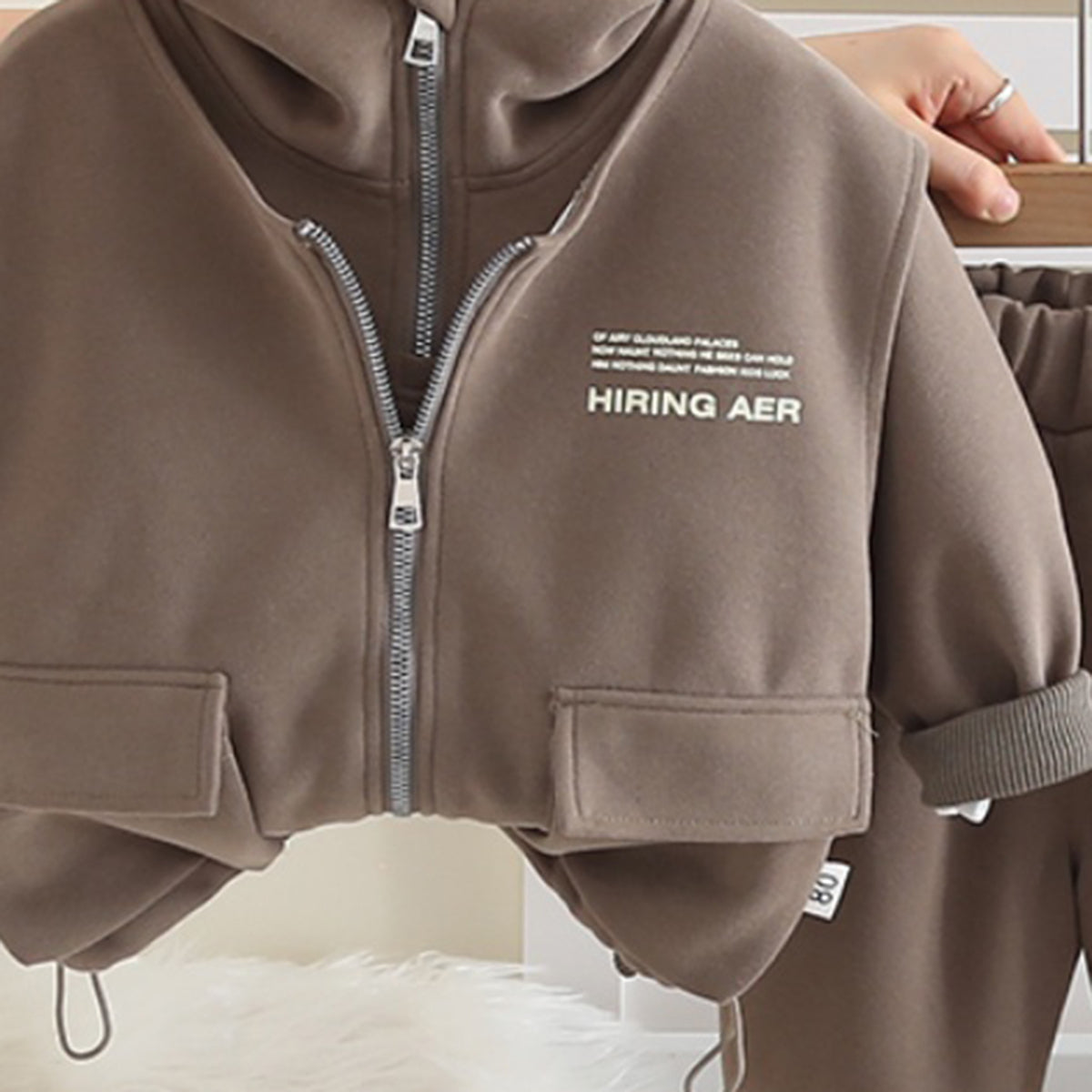 Boys Dark Brown Typographic Printed Hooded Sweatshirt With Sleeveless Jacket and Pants Set 3 pc. Sets