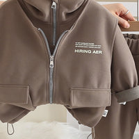 Boys Dark Brown Typographic Printed Hooded Sweatshirt With Sleeveless Jacket and Pants Set 3 pc. Sets