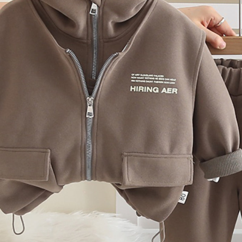 Boys Dark Brown Typographic Printed Hooded Sweatshirt With Sleeveless Jacket and Pants Set 3 pc. Sets