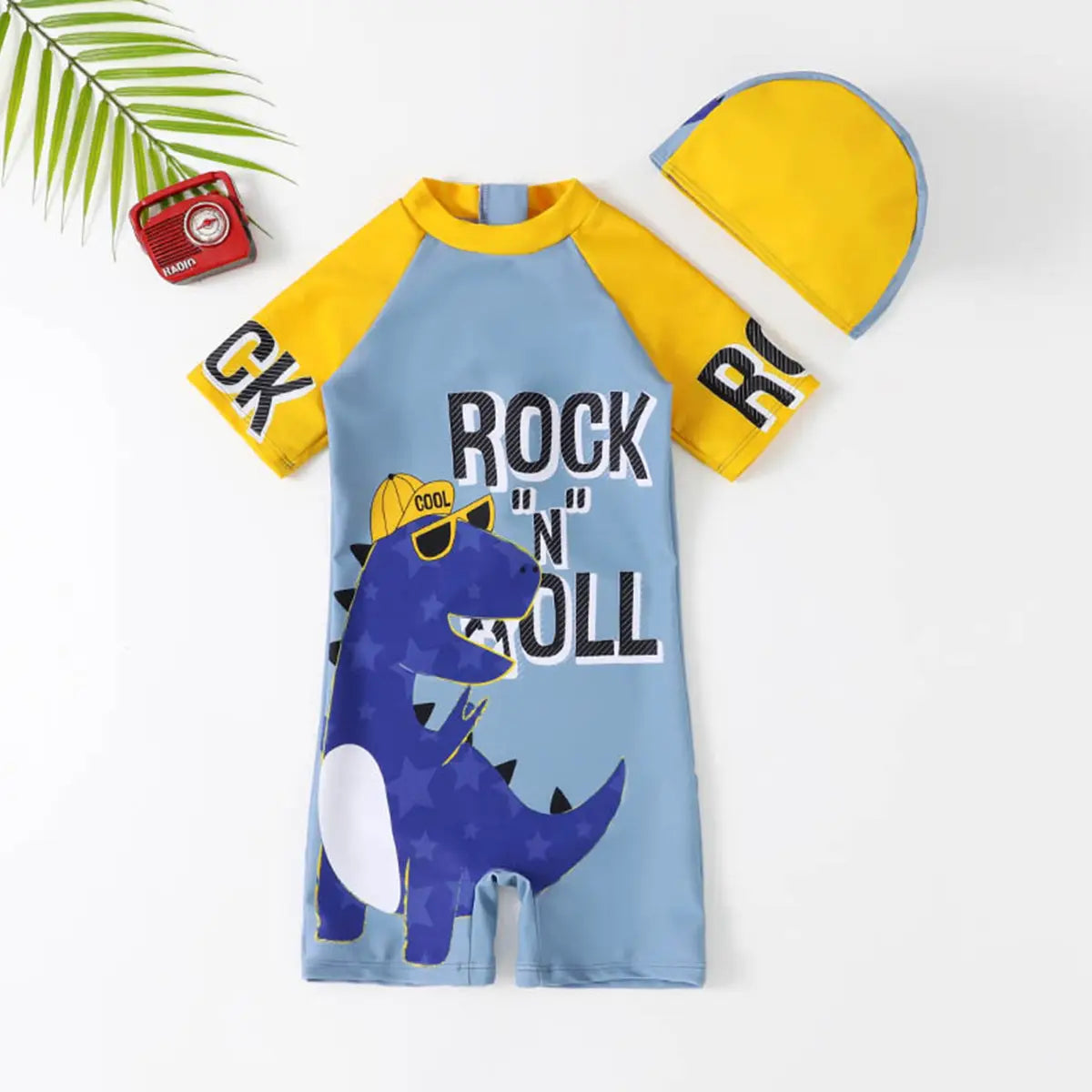 Boys Grey Dinosaur Print Swimwear Bodysuit With Swim cap Beachwear Grey 3-4 Y