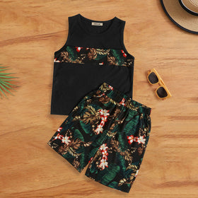 Boys Black Tropical Printed Sleeveless Vest With Shorts Set 2 pc. Sets White 7-8 Y