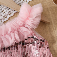 Girls Pink Sequined Crop Top With Tulle Overlay Skirts Set Sets