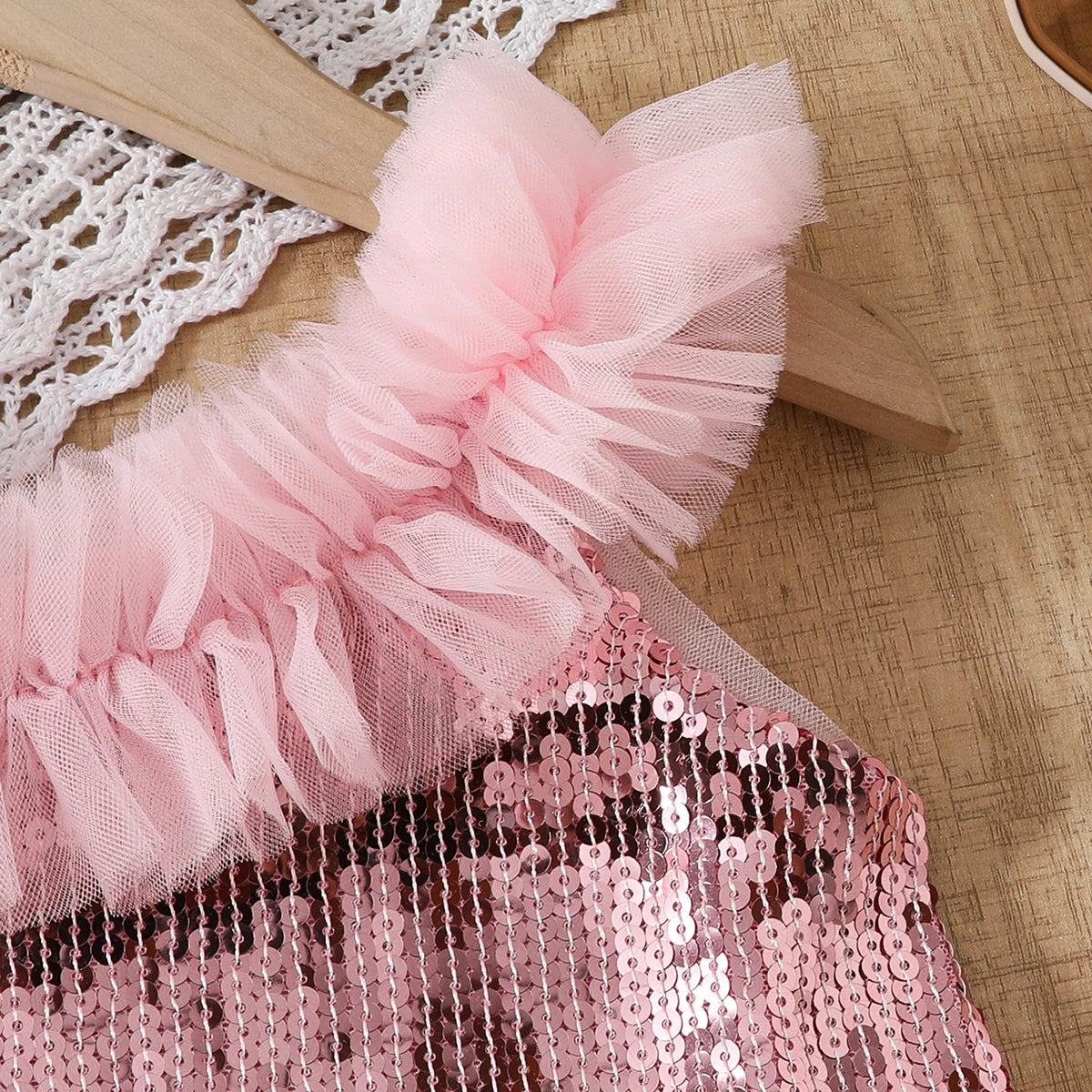 Girls Pink Sequined Crop Top With Tulle Overlay Skirts Set Sets