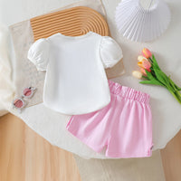 Girls White Heart Applique Puff Sleeve T-Shirt With Shorts Sets 2 pc. Sets