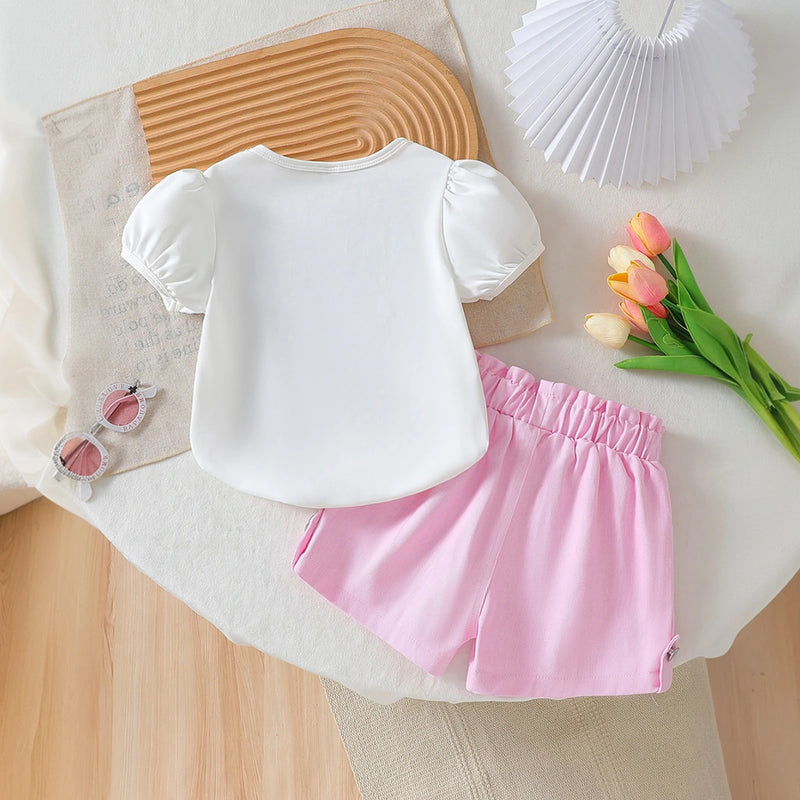 Girls White Heart Applique Puff Sleeve T-Shirt With Shorts Sets 2 pc. Sets