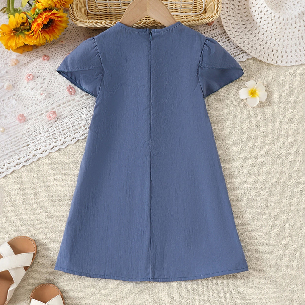 Girls Blue 3D Flower Applique A-line Dress Casual Dresses