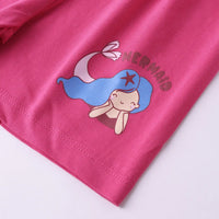 Girls Pink Mermaid Print Short Sleeves Top With Drawcord Shorts Sets Sets