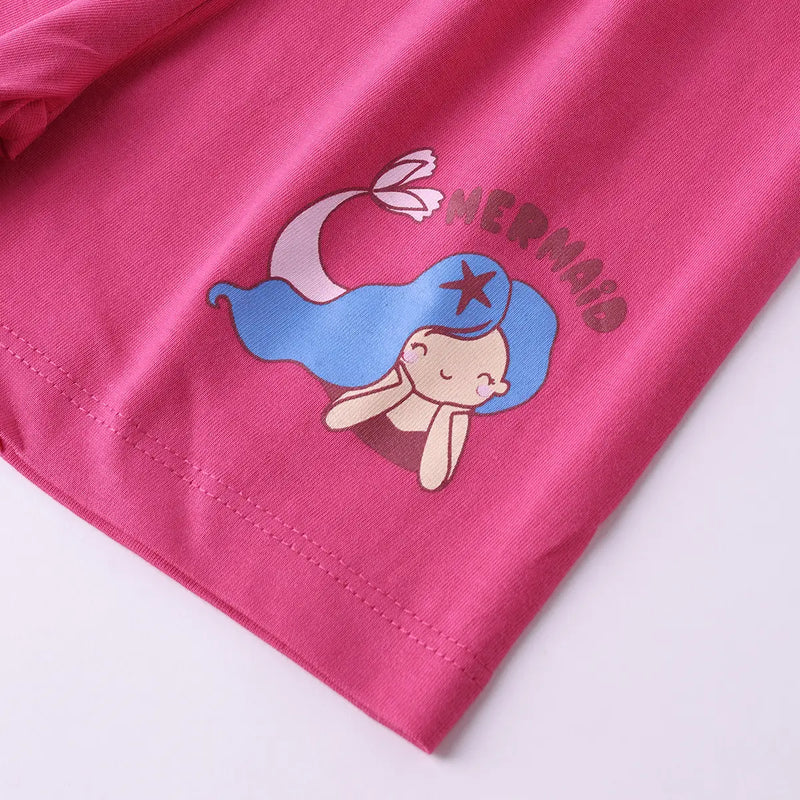 Girls Pink Mermaid Print Short Sleeves Top With Drawcord Shorts Sets Sets