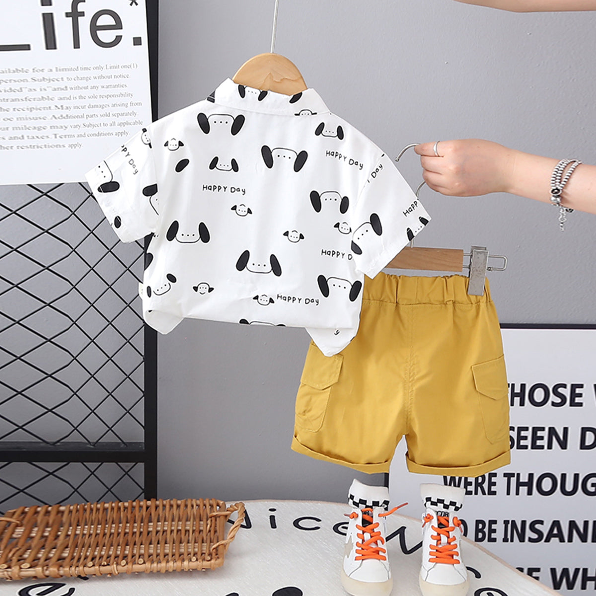 Boys Yellow Printed Short Sleeves Shirt With Cargo Shorts Set 2 pc. Sets