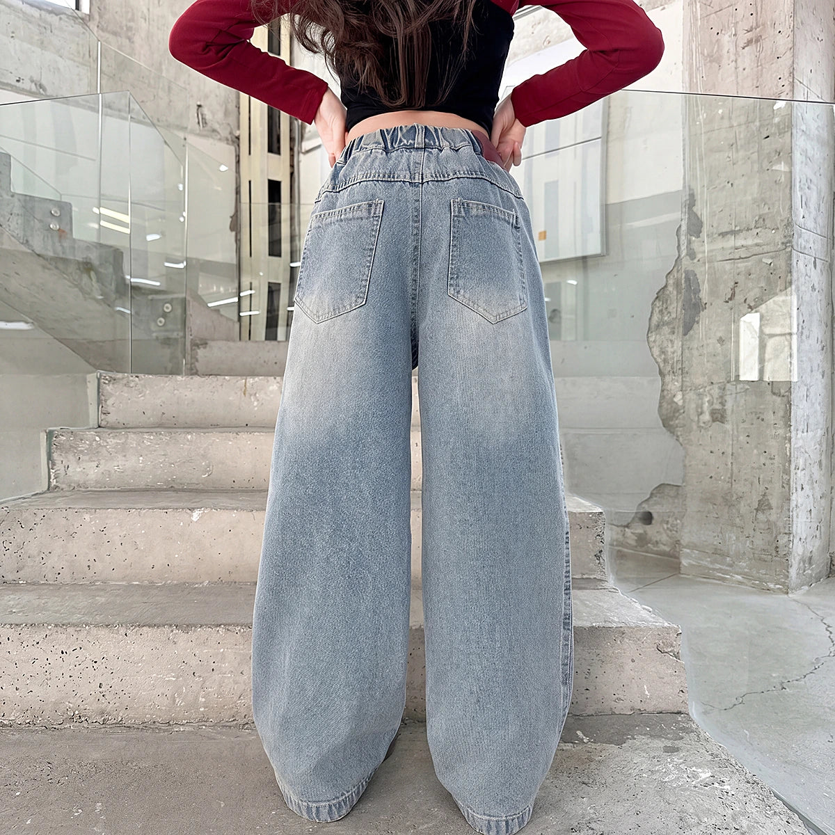 Girls Light Blue Loose Fit Denim Jeans Pants