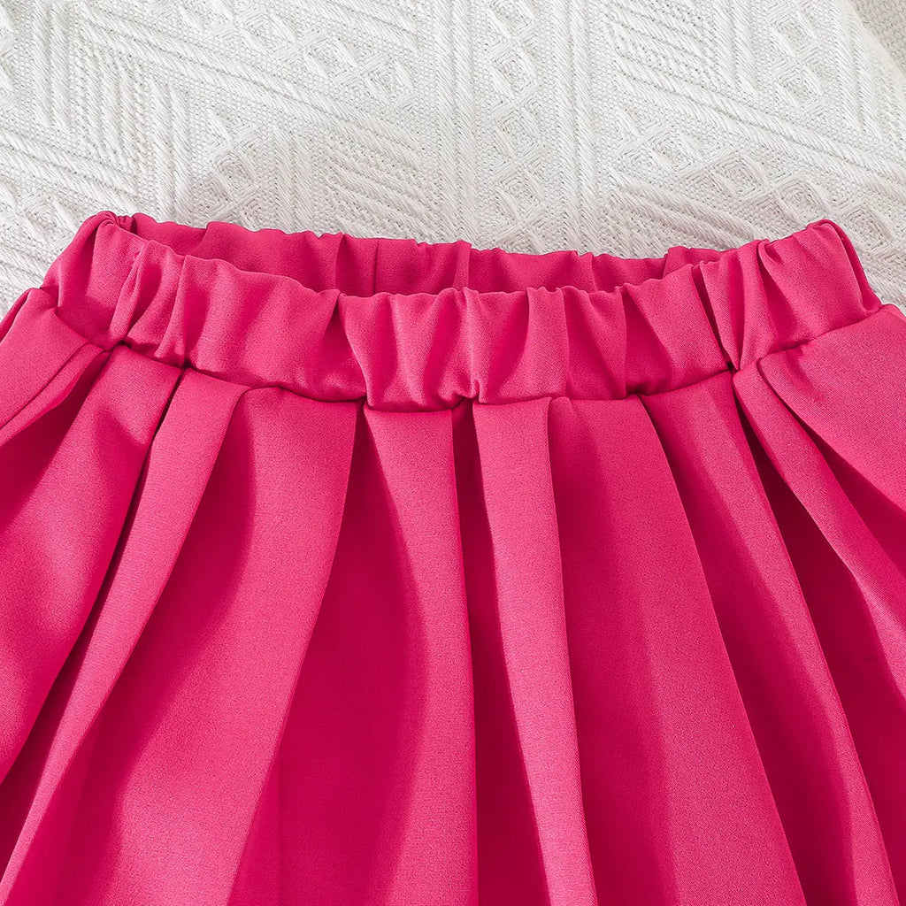 Girls Fuchsia Bow Applique Top With Camisole Top And Pleated Skirt Sets 3 pc. Sets