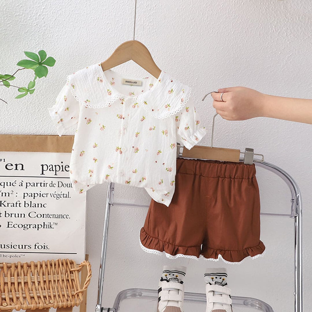 Girls Brown Short Sleeve Floral Print Top With Shorts 2 pc. Sets Brown 1-2 Y 