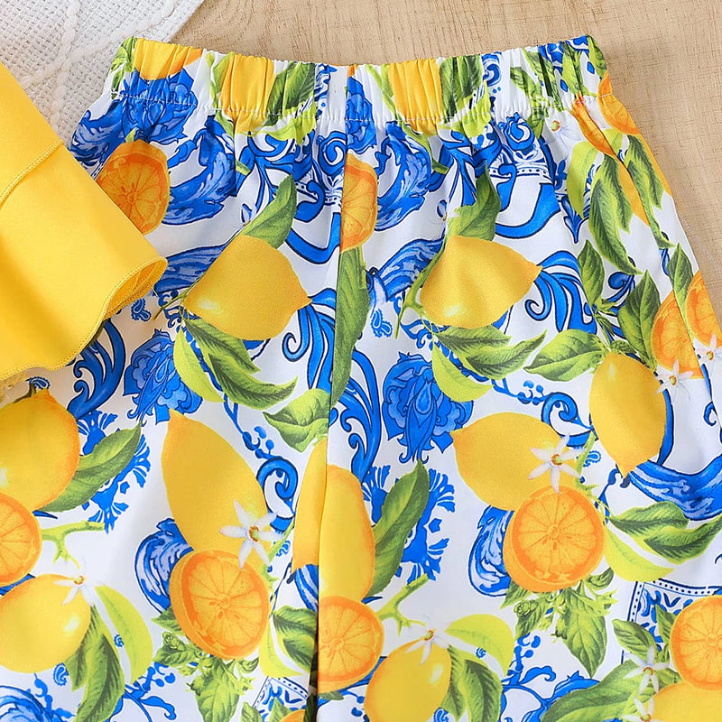Girls Yellow Sleeveless Ruffled Top With Fruit Print Pants Sets 2 pc. Sets