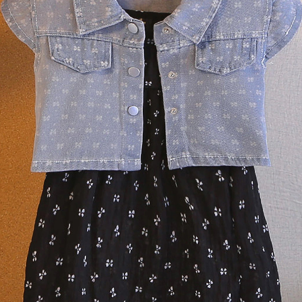 Girls Black Bow Printed A-Line Dress With Denim Jacket Casual Dresses