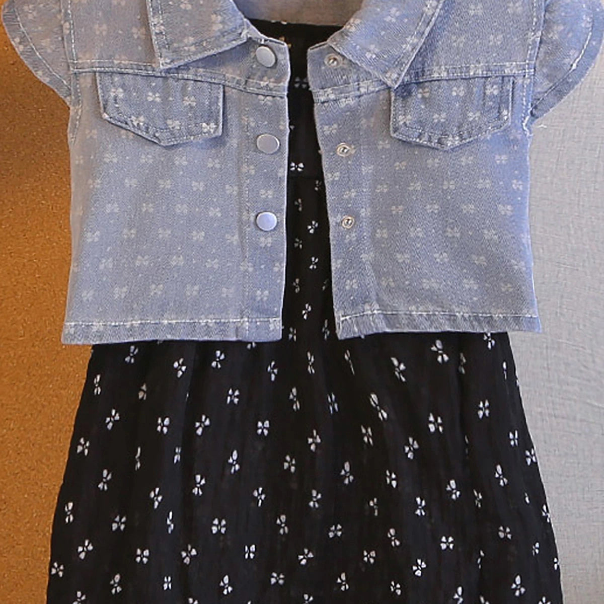 Girls Black Bow Printed A-Line Dress With Denim Jacket Casual Dresses