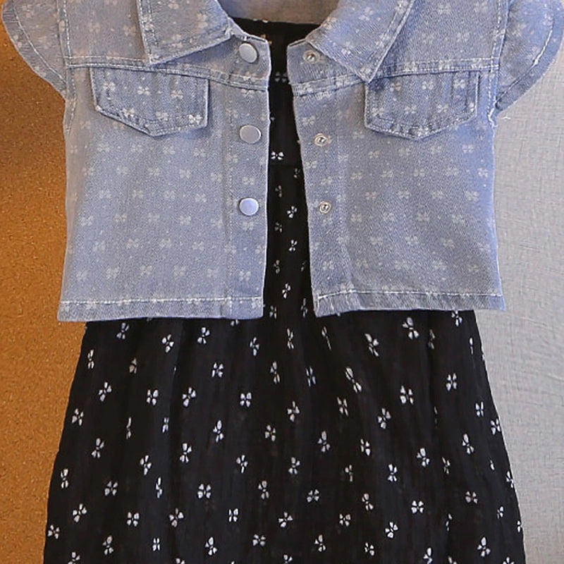 Girls Black Bow Printed A-Line Dress With Denim Jacket Casual Dresses