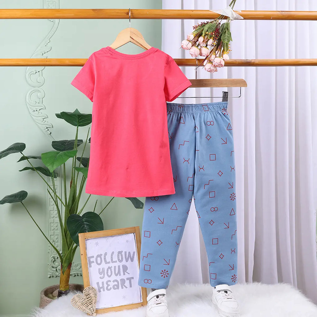Girls Peach Pink Graphic Printed Short Sleeve T-shirts With Elasticated Legging Sets Sets