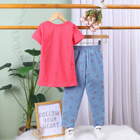 Girls Peach Pink Graphic Printed Short Sleeve T-shirts With Elasticated Legging Sets Sets