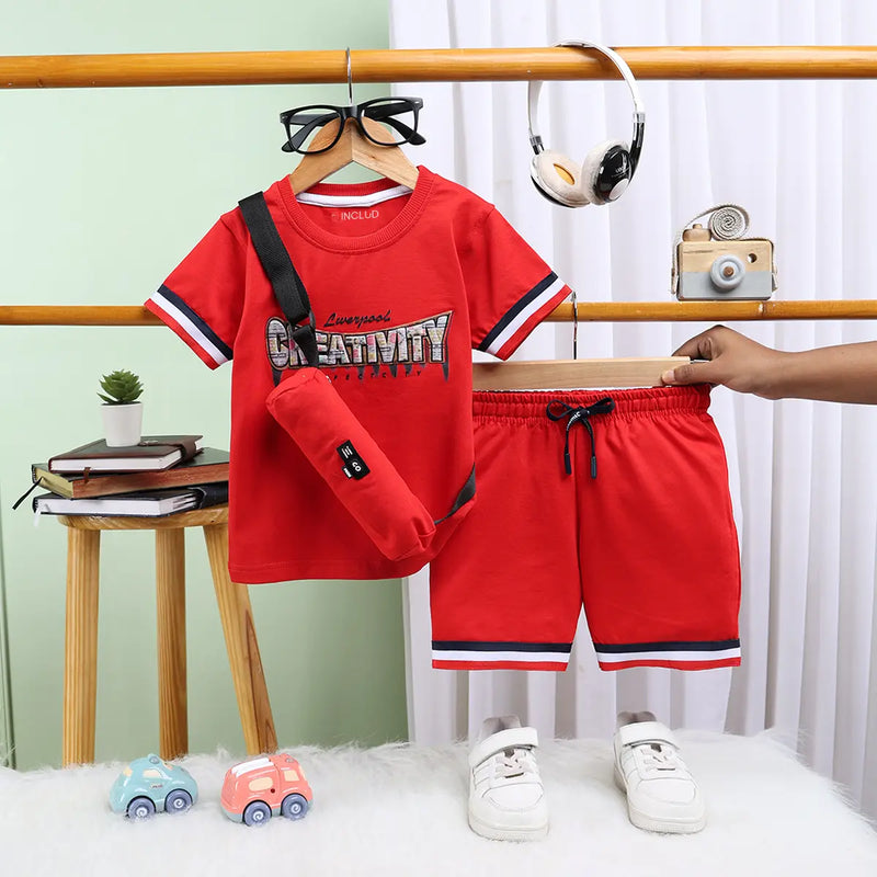 Boys Red Typographic Printed Short Sleeve T-Shirt With Drawstring Shorts Sets Sets Red 1-2 Y