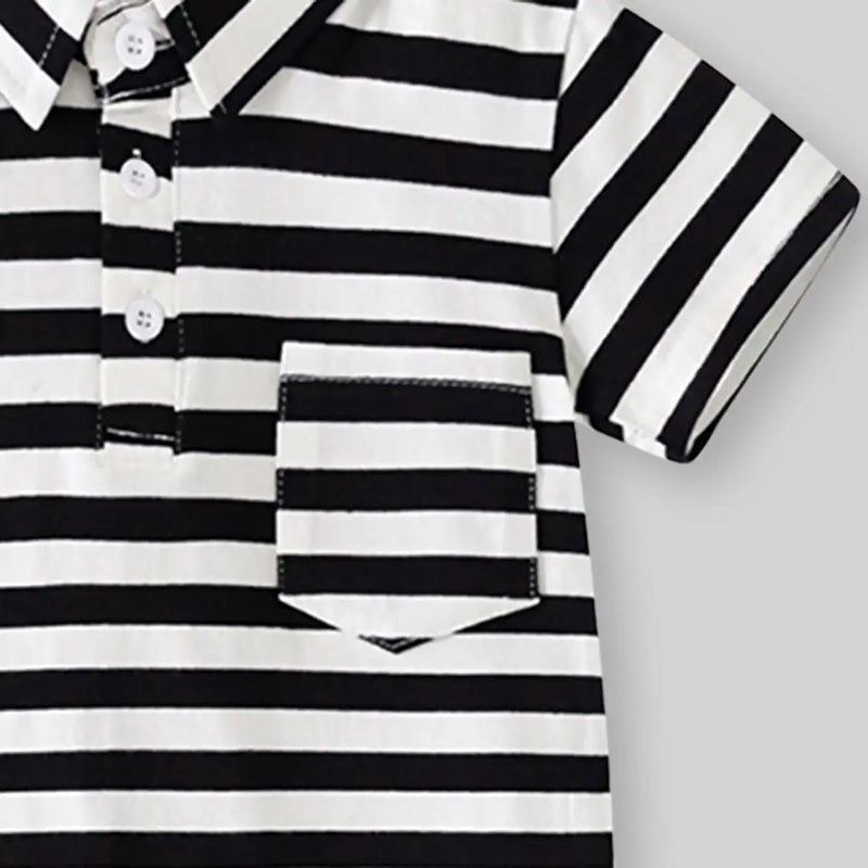 Boys Black Stripes Short Sleeves Polo T-Shirt With Shorts Set Sets