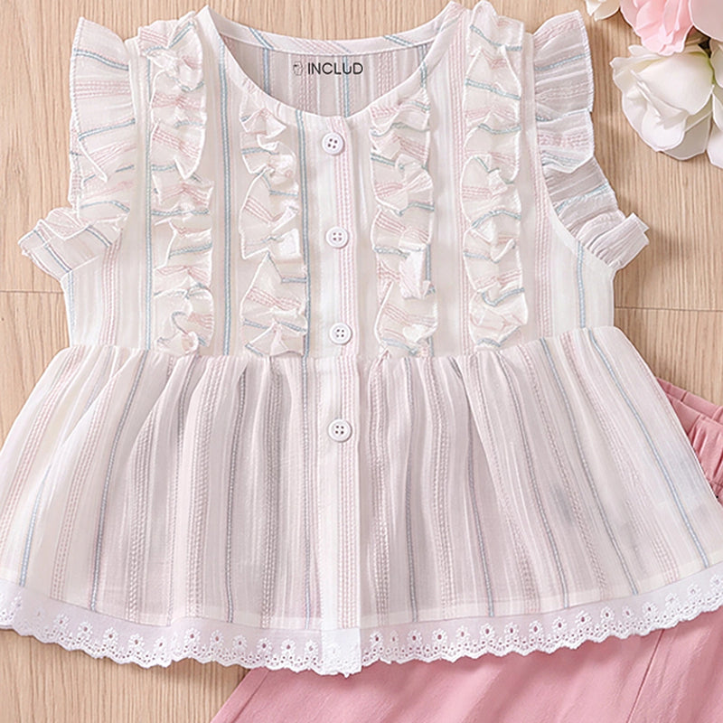 Girls Striped Ruffle Top With Light Pink Capri Sets 2 pc. Sets