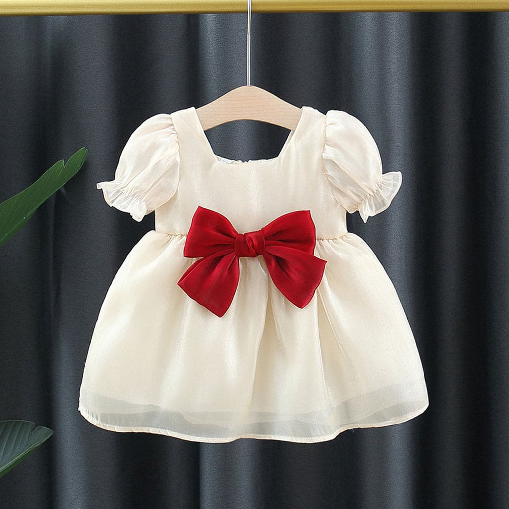 Girls Short Sleeve Square Neck Dress With Bow Casual Dresses Beige 2-3 Y 