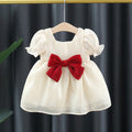 Girls Short Sleeve Square Neck Dress With Bow Casual Dresses Beige 2-3 Y 