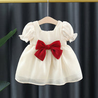 Girls Short Sleeve Square Neck Dress With Bow Casual Dresses Beige 2-3 Y 