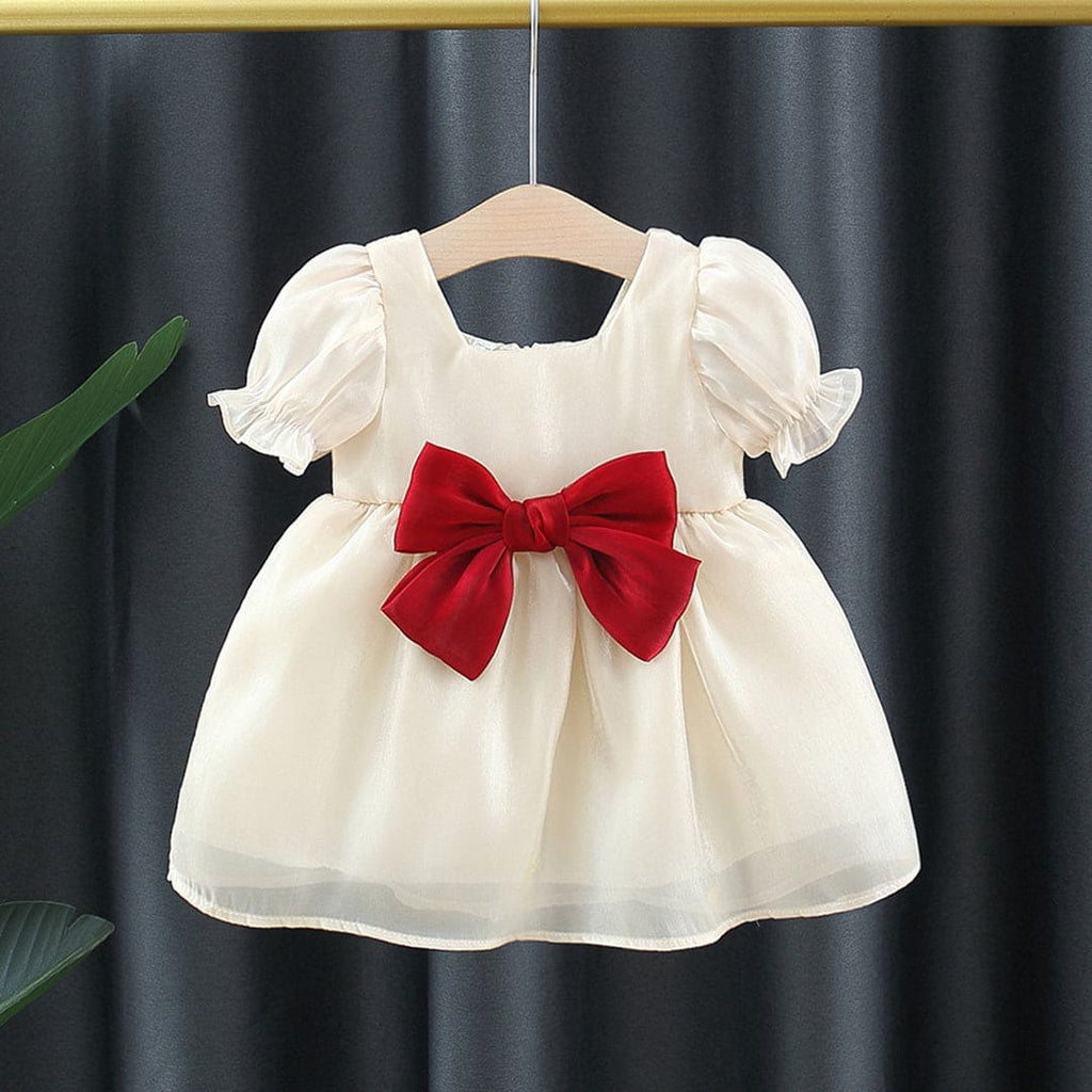Girls Short Sleeve Square Neck Dress With Bow