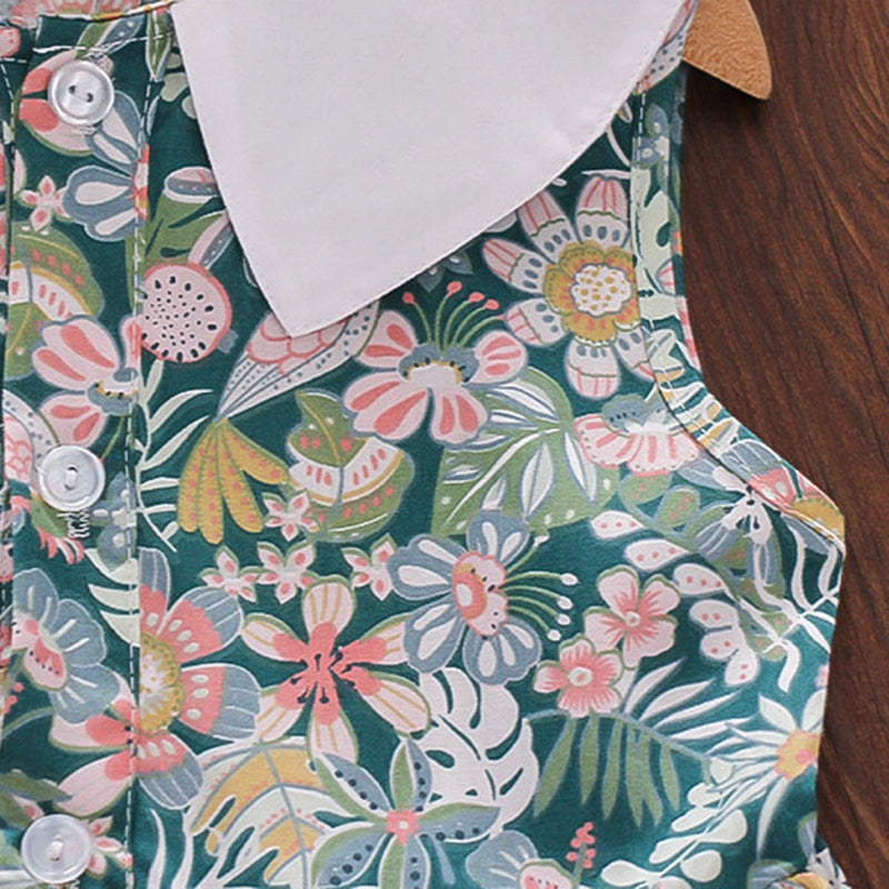 Girls Teal Floral Printed Peter Pan Collar A-line Dress Casual Dresses