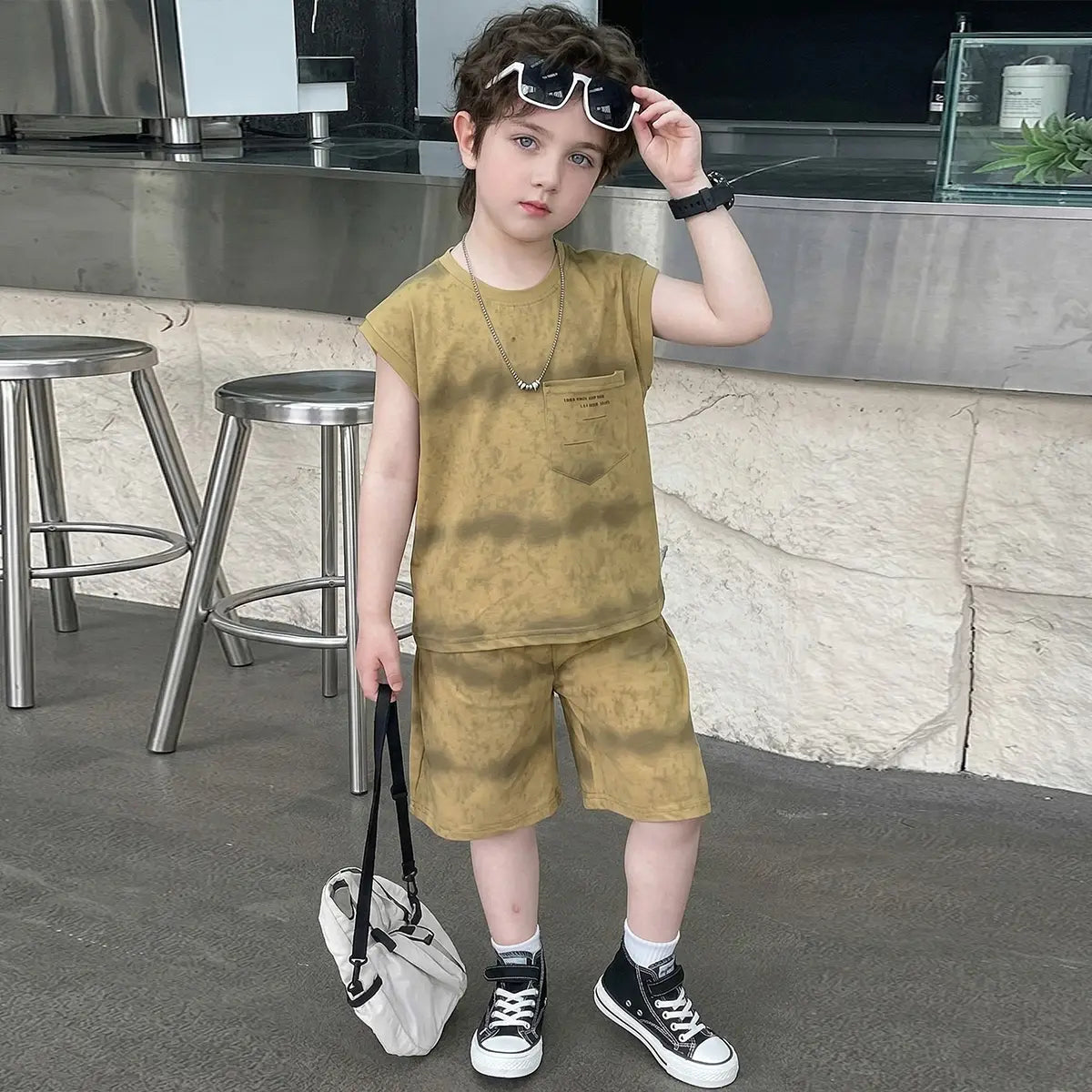 Boys Khaki Tie Dye Print Sleeveless T-Shirt & Shorts Co-ord Sets Sets Khaki 2-3 Y